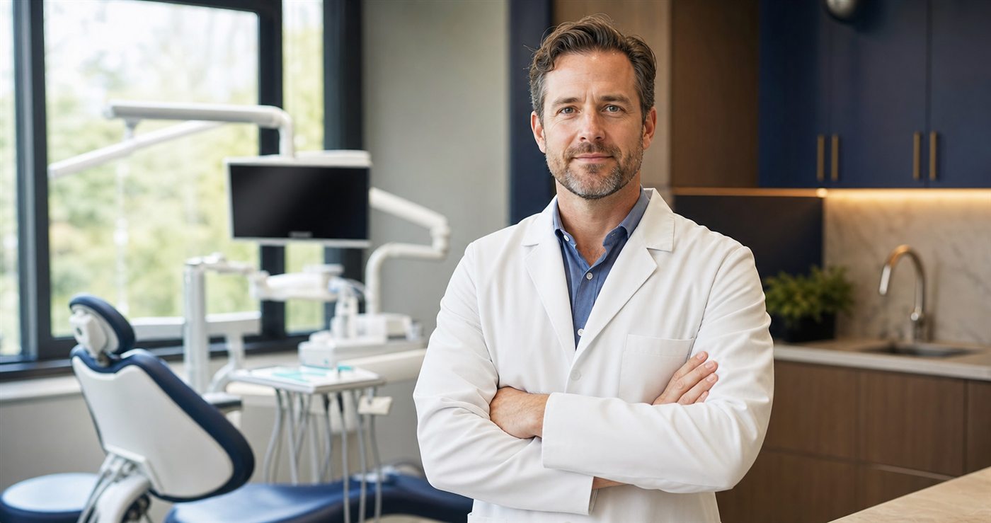 Dentist and dental-practice owner in a modern dental office