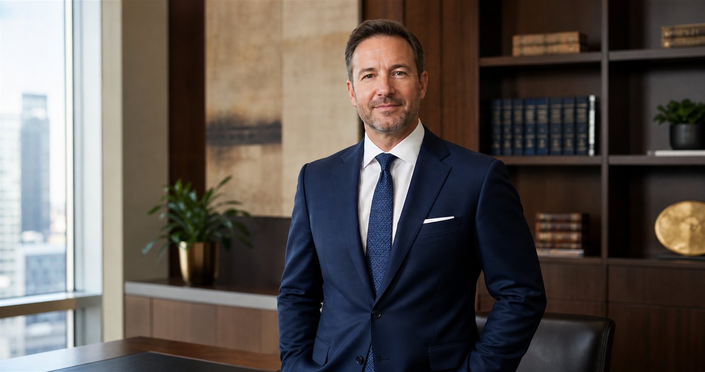 Attorney and law-firm owner in a modern private law office