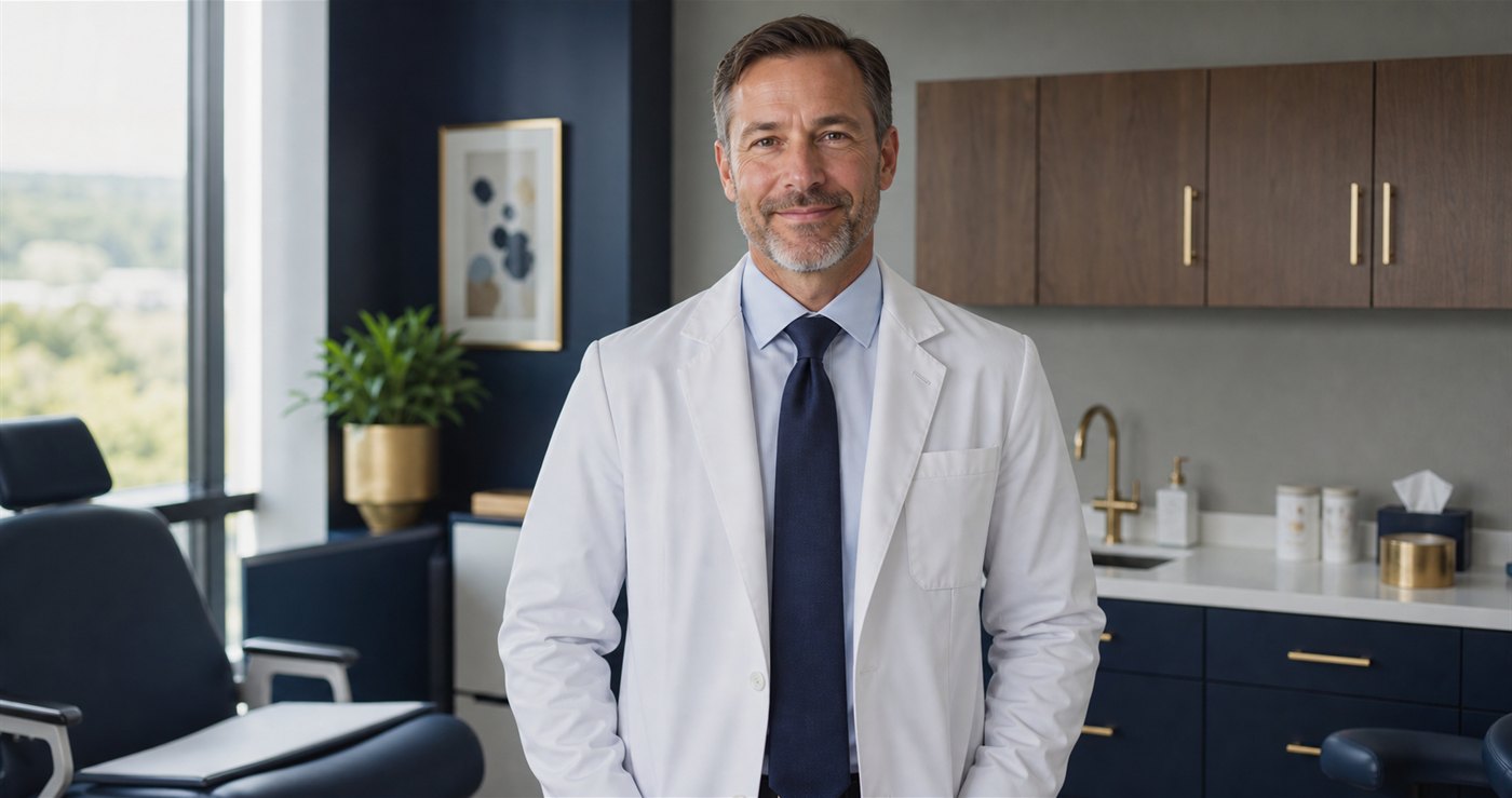 Physician and medical-practice owner in a modern private medical office